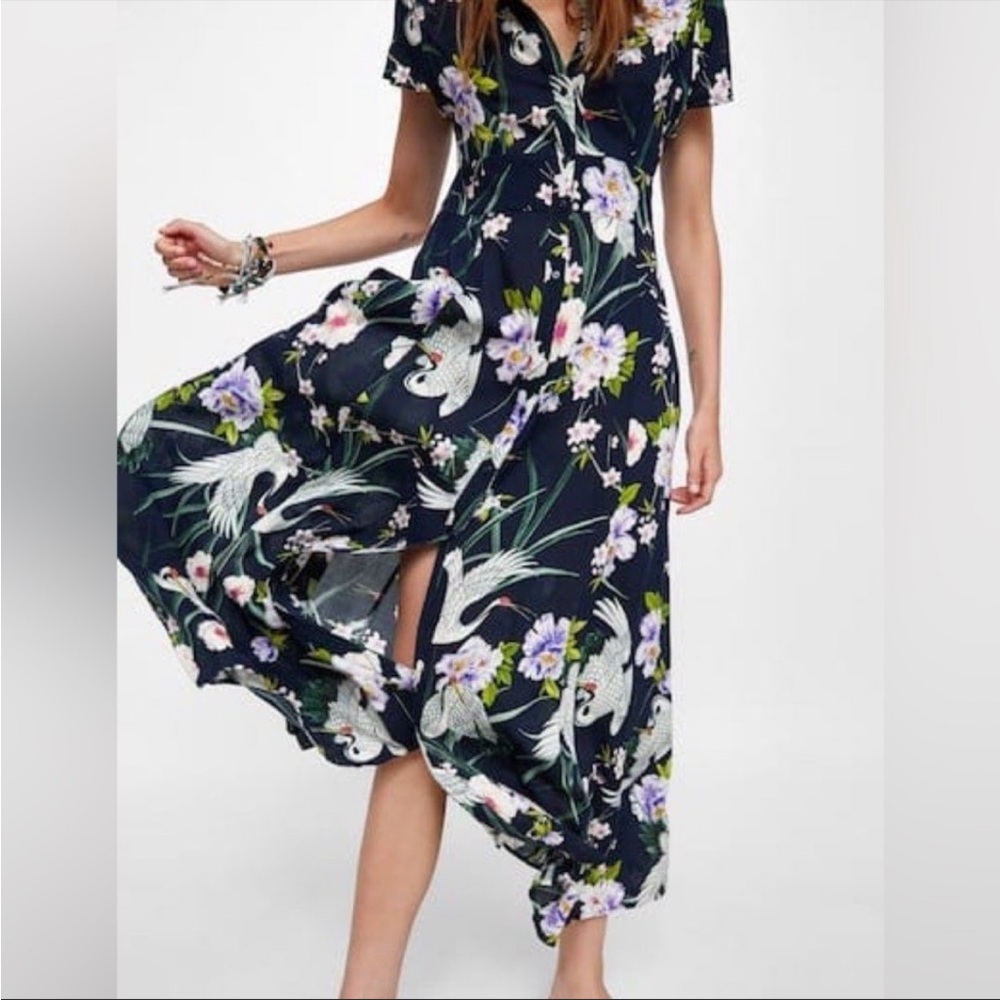ZARA Navy Crane Print Button-down Maxi Dress Sz S New Floral Print - Picture 3 of 6